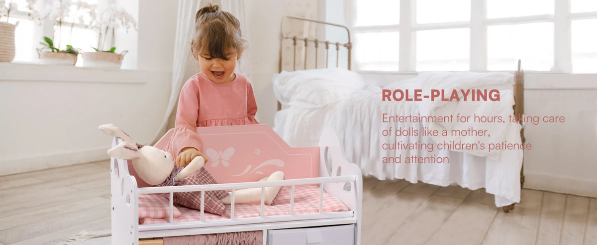 Baby Doll Crib Wooden Toy Baby Crib with Storage Bedding Wooden Hooks Doll Crib Fits Dolls up to 21" for Girls 3+ Pink