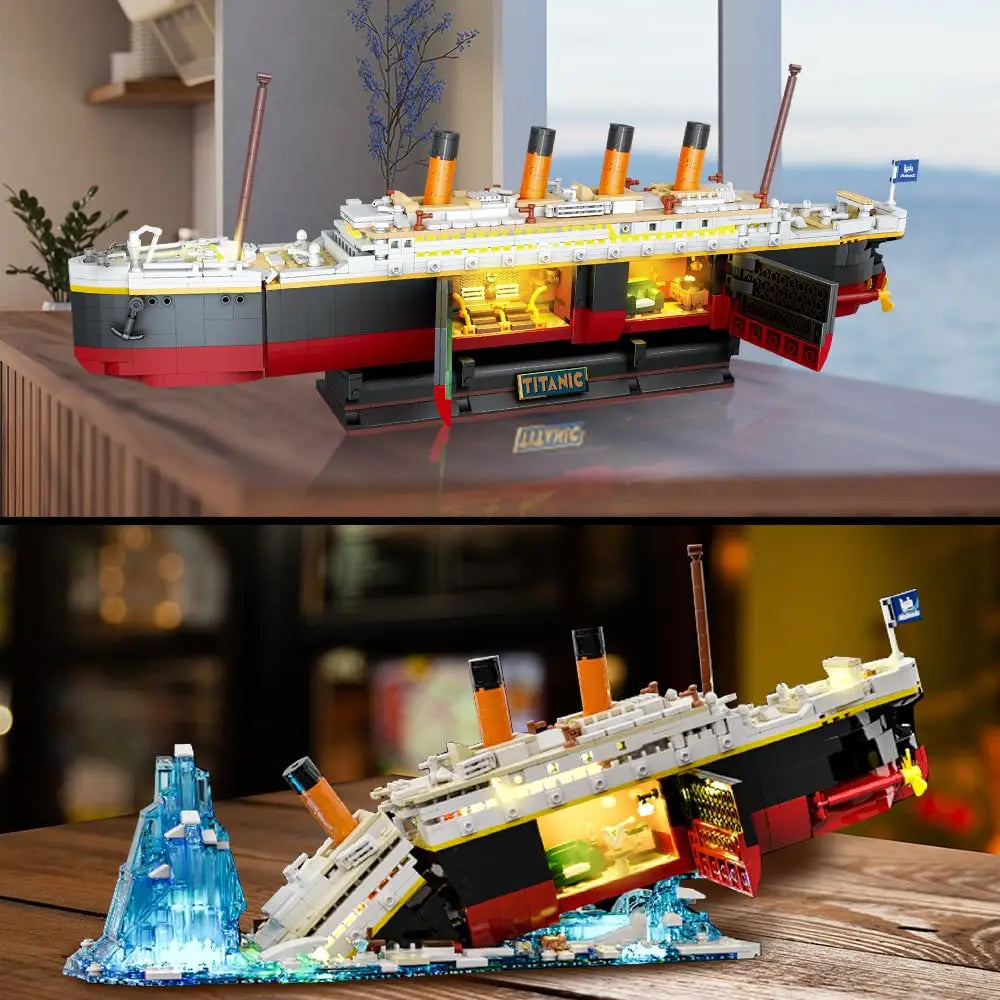 2-in-1 Ocean Liner Building Block Set with LED Lights and Iceberg Display Stand, Model Ship Kit