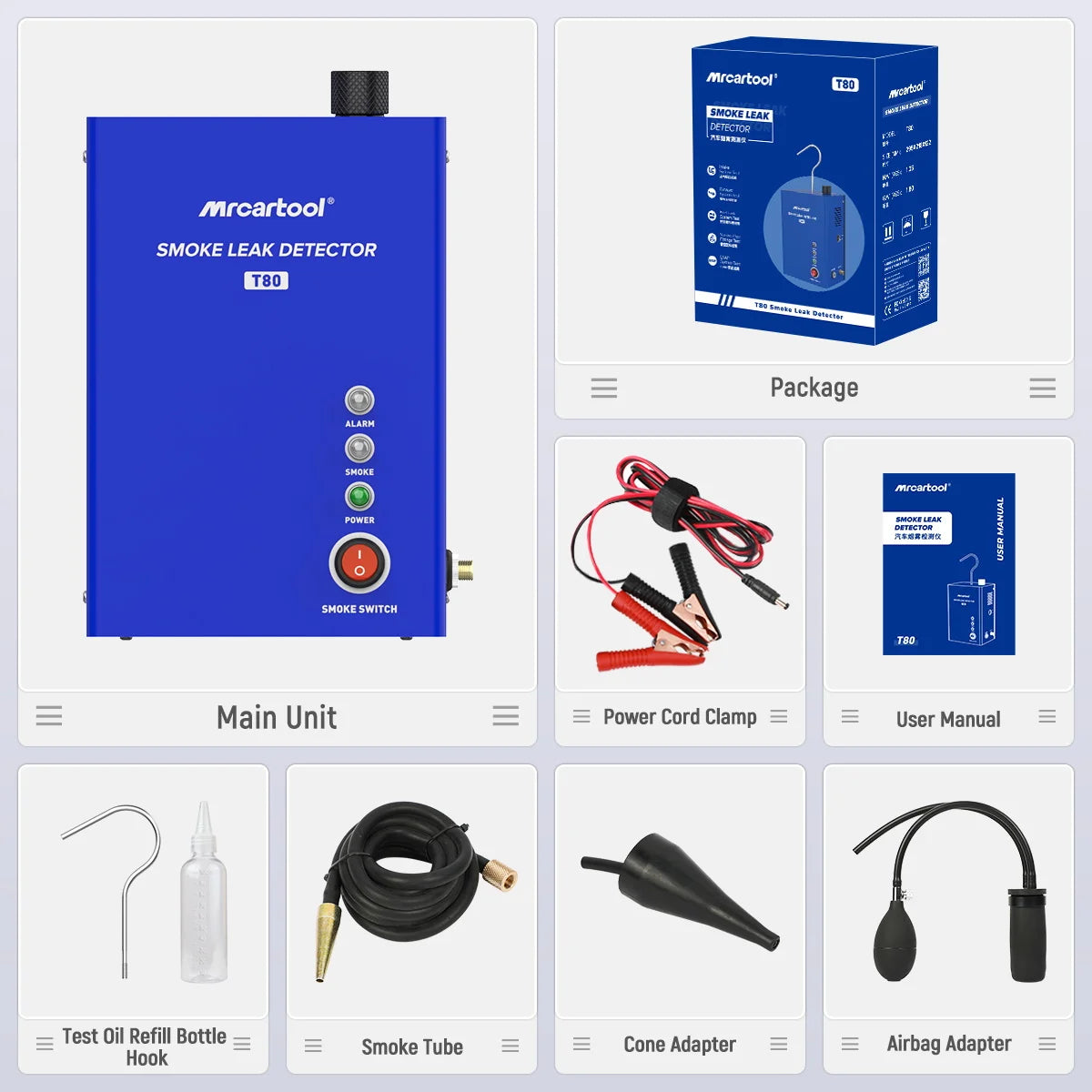MR CARTOOL T80 Smoke Machine Leak Detector with Pump EVAP Pipe Leak Locator Smoke Diagnostic Tool for Motorcycle PK AN-CEL S100