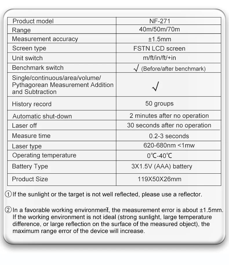 NF-271 Laser Rangefinder 40M 80M Laser Distance Meter Laser Tape Measure Accurate Distance Meter Measuring Device Tools