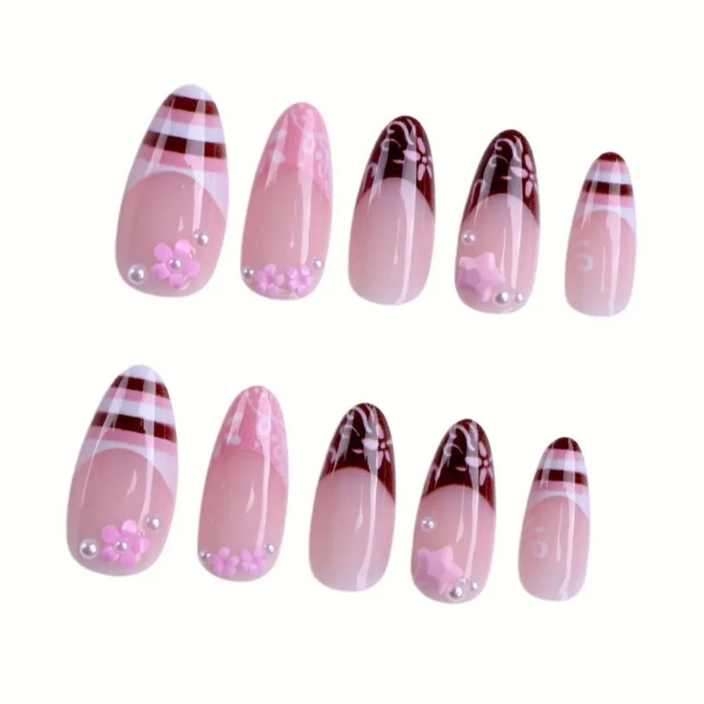 Medium Almond Press On Nails with Brown Stripes and Pink Flower Print