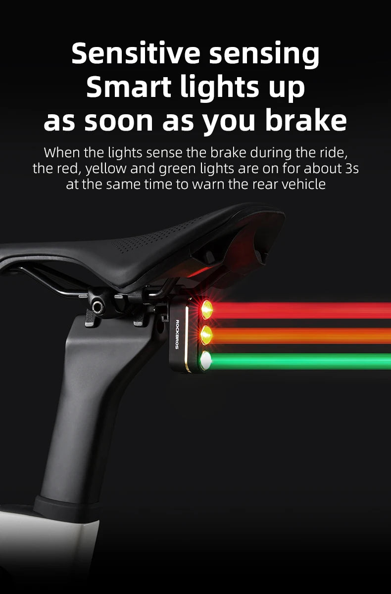 ROCKBROS Bicycle Smart Brake Tail Light MTB Road Bike Auto Brake Sensing Light IP64 Waterproof Type-C Charging Warning Taillight