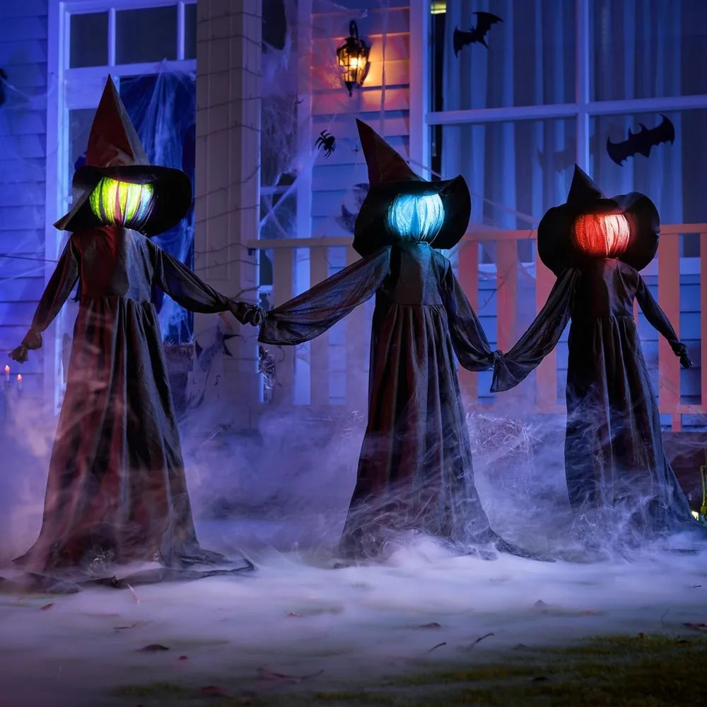 Halloween 51 in Light-Up Flying Witch Yard Stakes, Sound Activated, 3 Pack