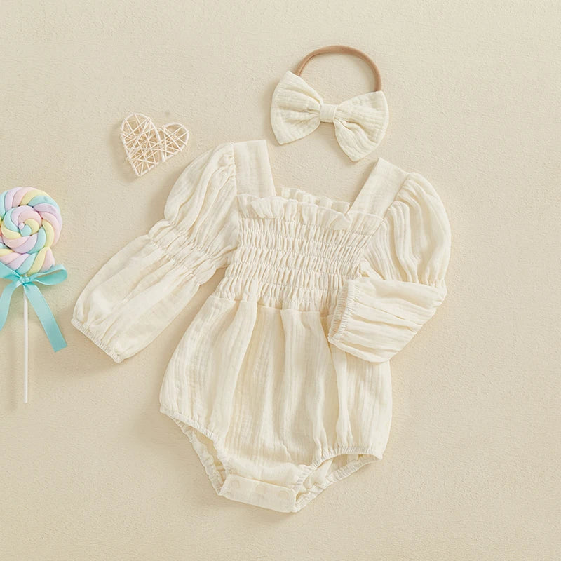 Baby Girls Spring Romper Long Sleeve Square Neck Solid Color Romper with Headband