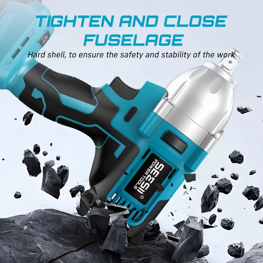 SEESII WH710 Pro 1200N.m Electric Impact Wrench Brushless 1/2" High Torque Handheld Cordless Impact Gun Tool Kit LED Light 6 Socket