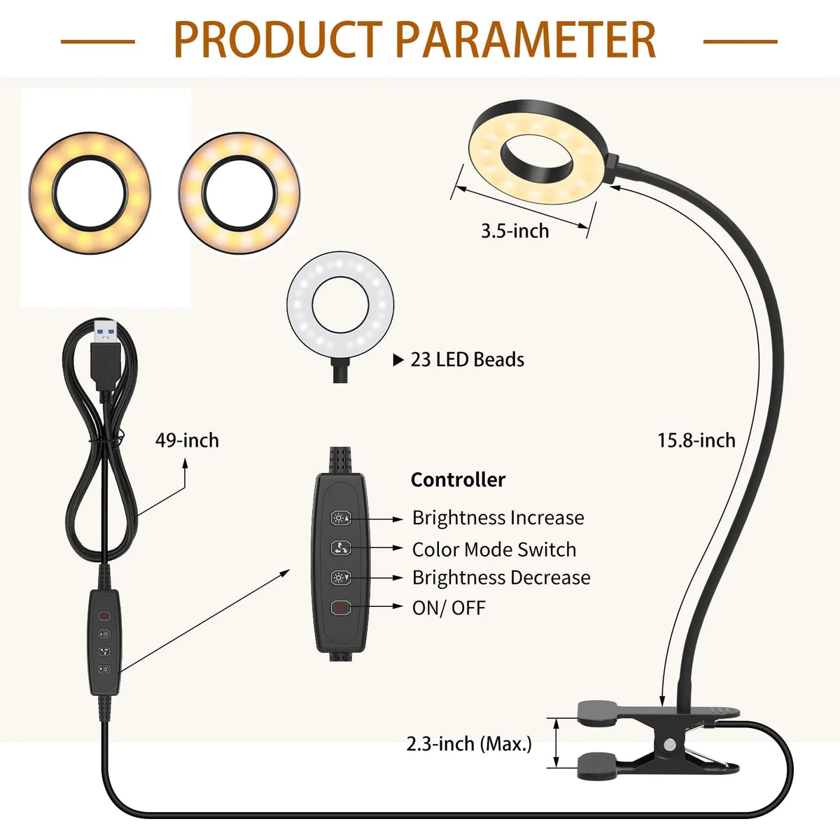 LED Clip-On Magnifying Desk Lamp 5X, USB Dimmable Gooseneck Magnifier Light with 3 Colors