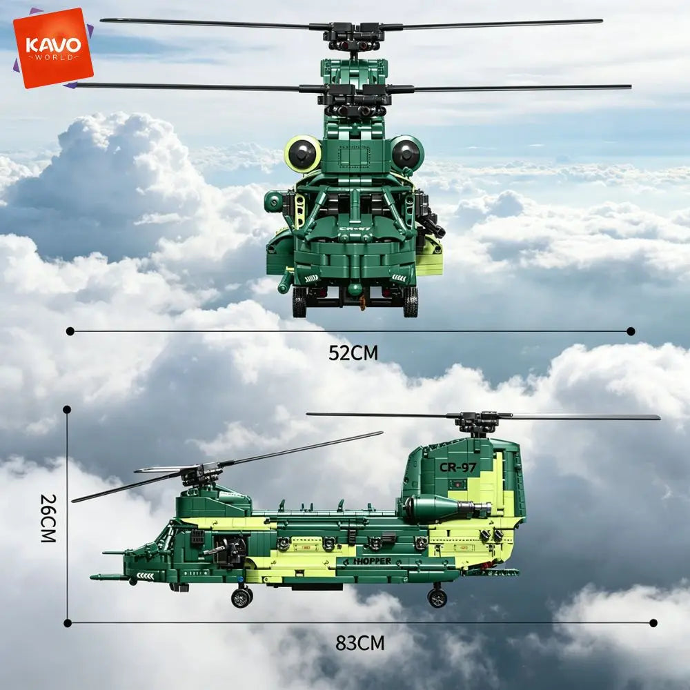KAVOWORLD 1826PCS Chinook Tandem Rotor Military Transport Helicopter Building Blocks Model Aircraft Bricks Toys Kit Ideal Gift for Military Fans Movable Rotors Gear Linkage Opening Cargo Door Home Desk Display Christmas Birth