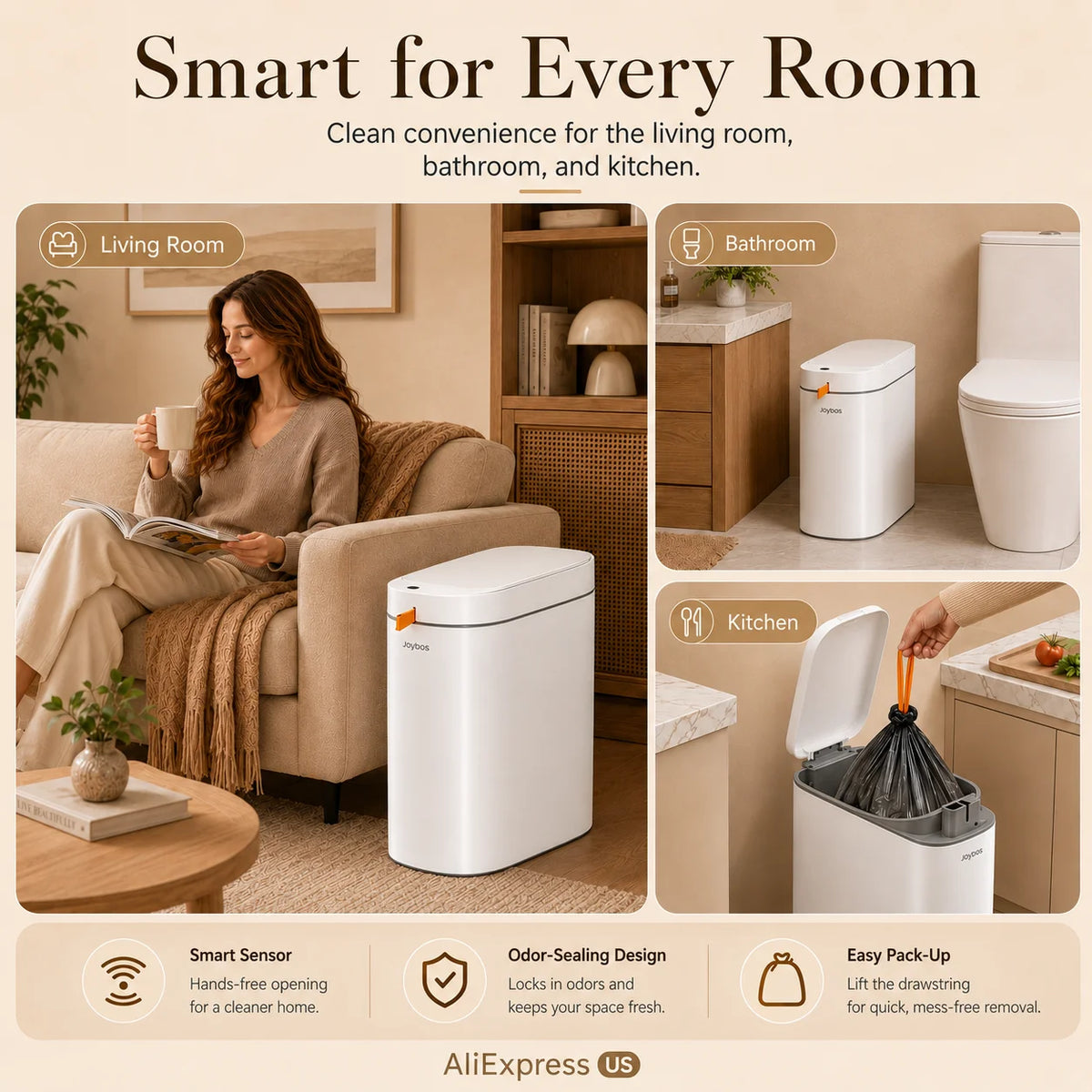 Smart Trash Can with Auto-Lining, Touchless Sensor Garbage Bin + Free Drawstring Bags, No-Mess Pull & Lift Wastebasket