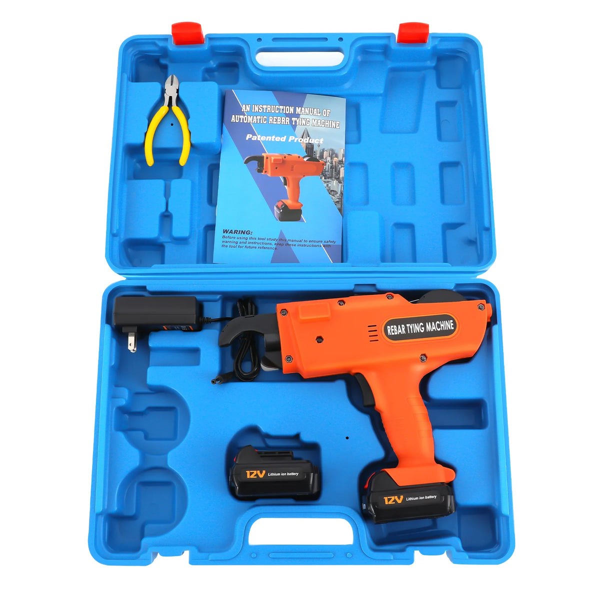 8mm-34mm Automatic Rebar Tier Binding Machine 12V 4500mAh Electric Handheld Rebar Tying Machine Wire Pliers Tool Kit w/Batteries