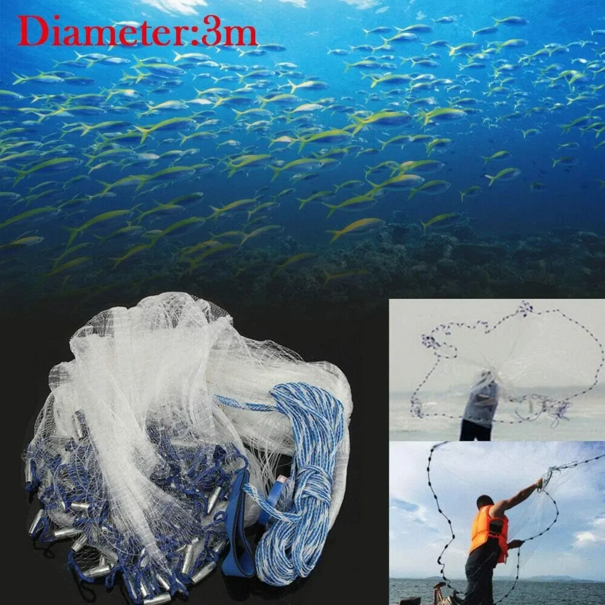 Fishing Cast Net, 10ft Diameter 3m, Anti-Tangle Mesh, Steel Sinkers for Fast Sinking, Seal Bottom Design, Ready to Use, Efficient Fish Catching Tool