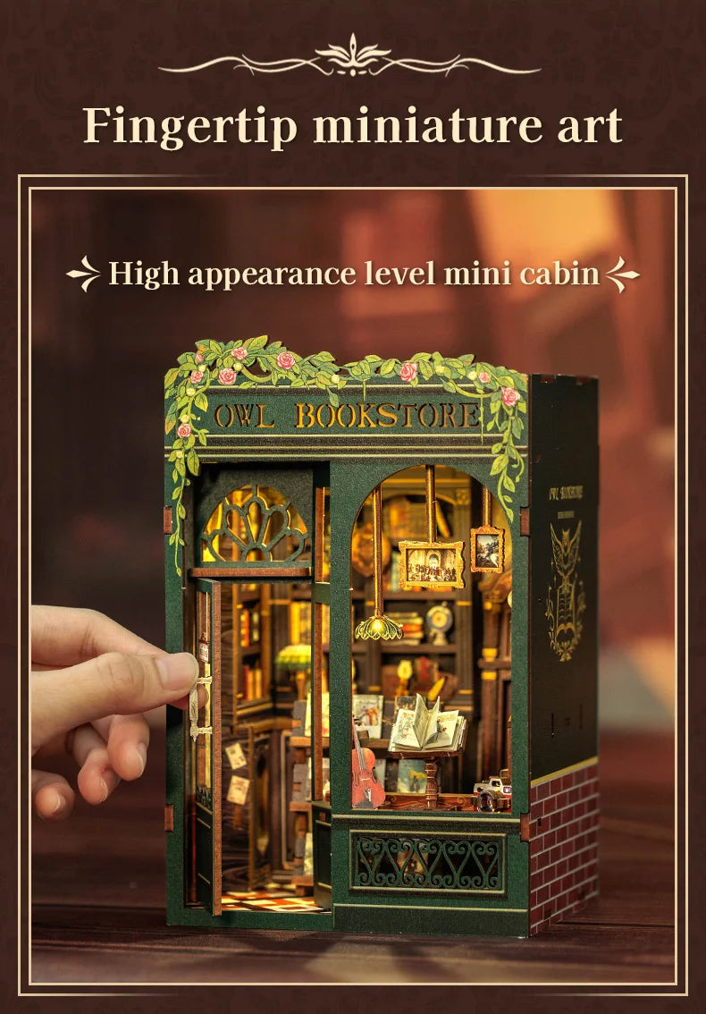 CUTEBEE DIY Book Nook Kit Miniature Dollhouse with Light Wooden Bookshelf Insert Retro Booknook Decor for Gifts Bookshop Series