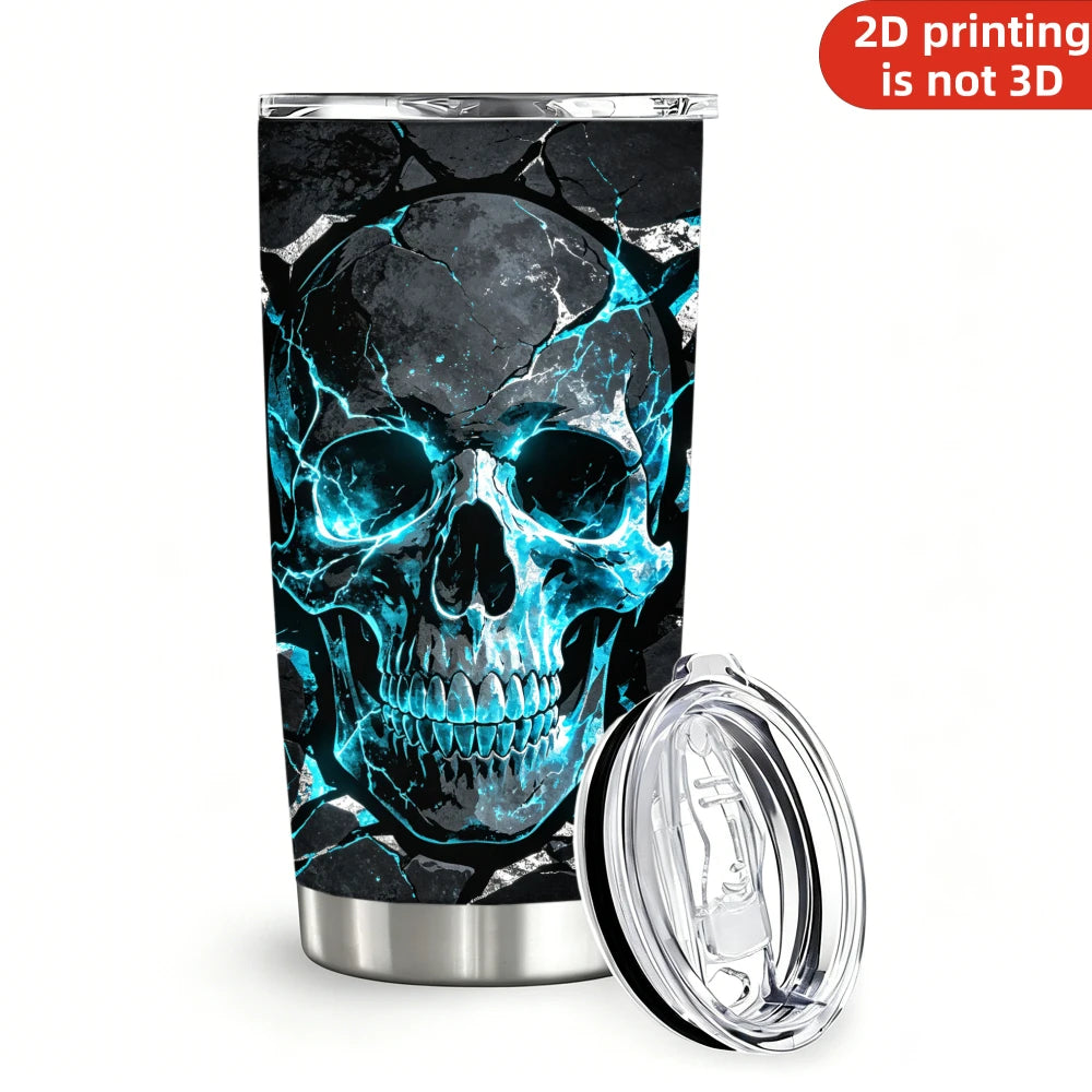 Halloween Blue Fire Skull Tumbler, 20 oz Insulated Stainless Steel with Lid and Straw