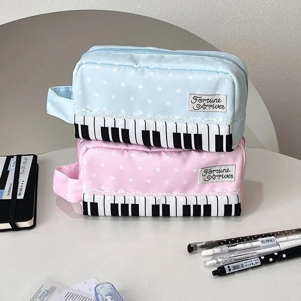 Kawaii Polka Dot Piano Key Print Pencil Case With Handle Large Capacity Pencil Pouch Stationery Pouch Gift School Supplies Girls