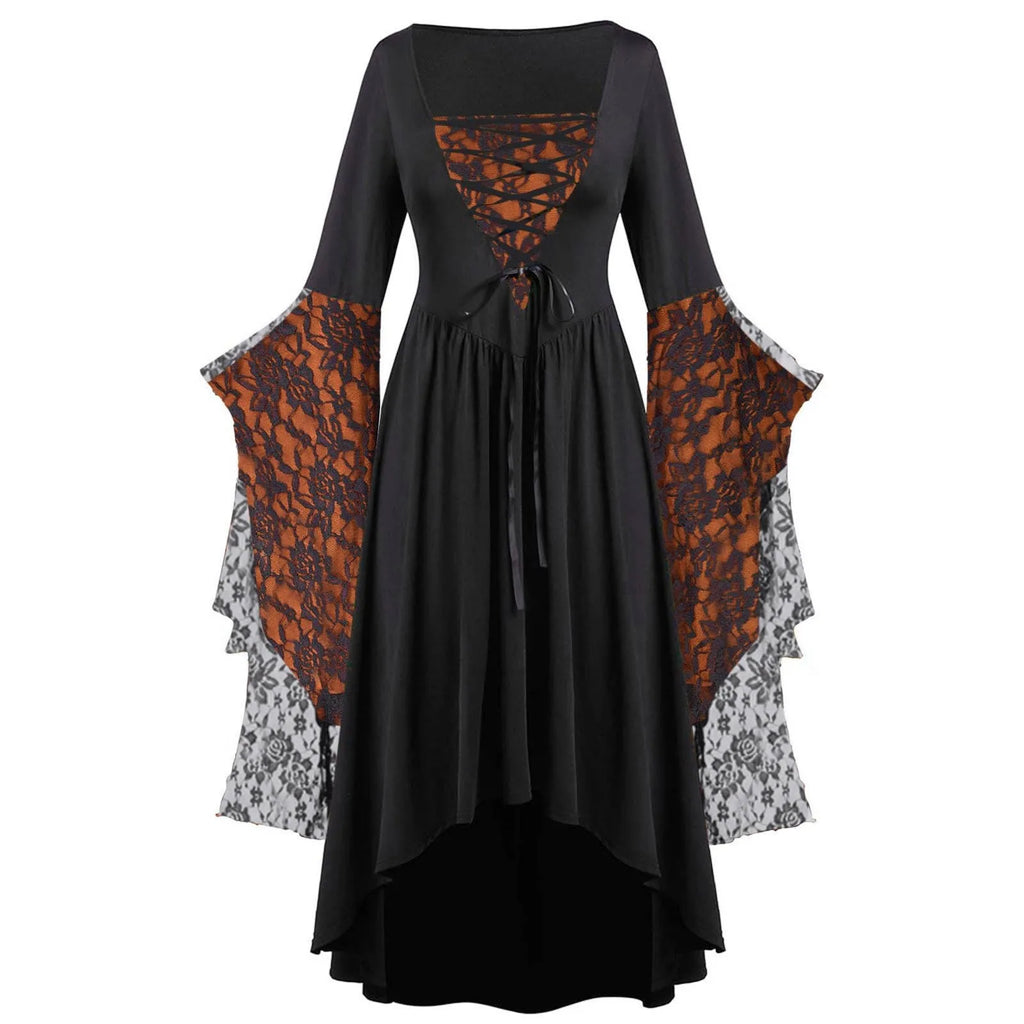 Gothic Halloween Dresses Women Vintage Witch Vampire Dress Dresses Up Carnival Party Dress Trumpet Sleeve Long Dress Plus Size