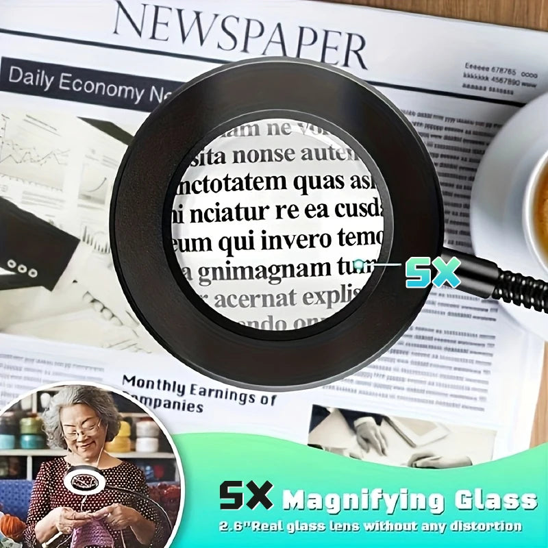 LED Clip-On Magnifying Desk Lamp 5X, USB Dimmable Gooseneck Magnifier Light with 3 Colors