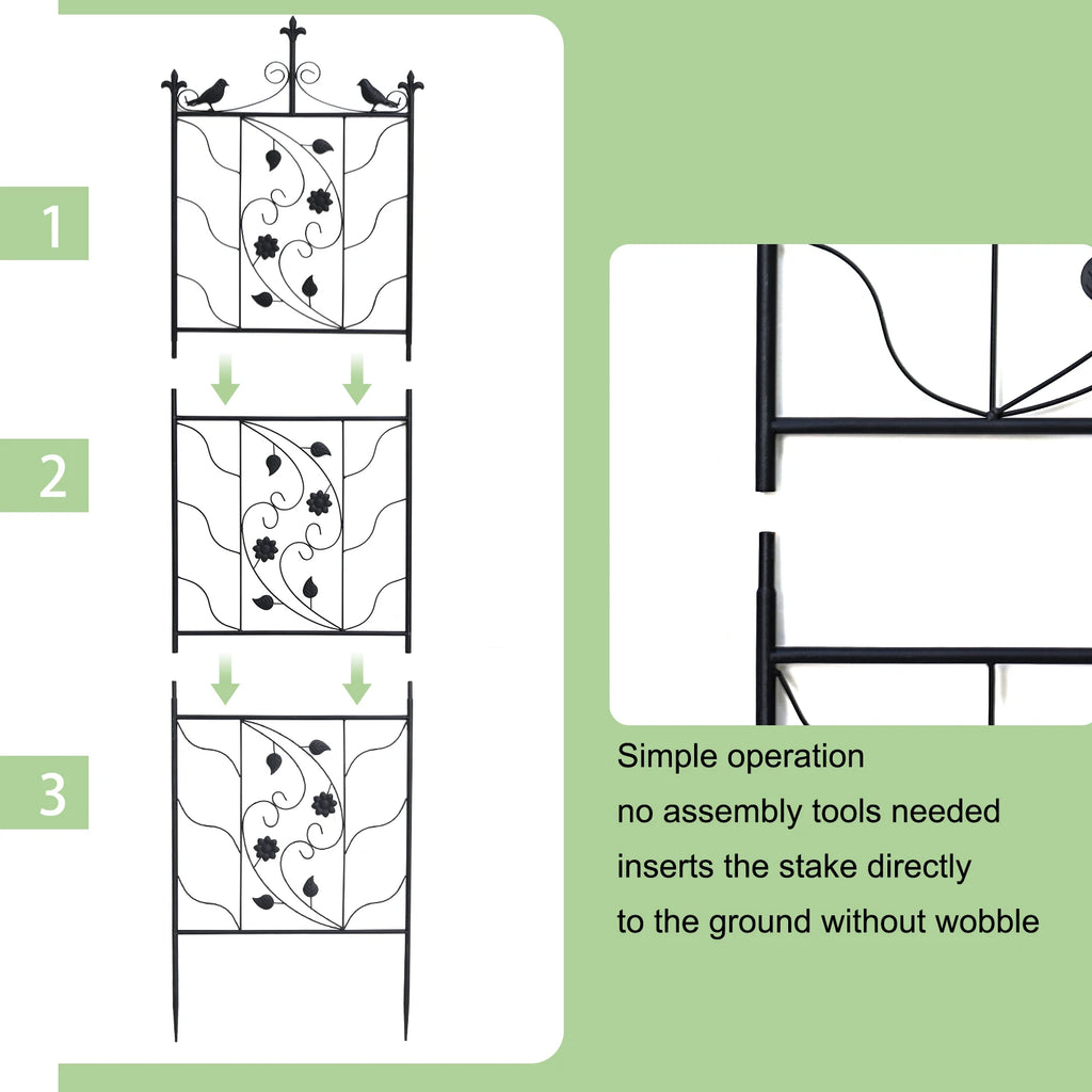 Thick Metal Garden Trellis, Bird Leaf Grid Panel Fence, Climbing Planter Support Frame, 2pcs