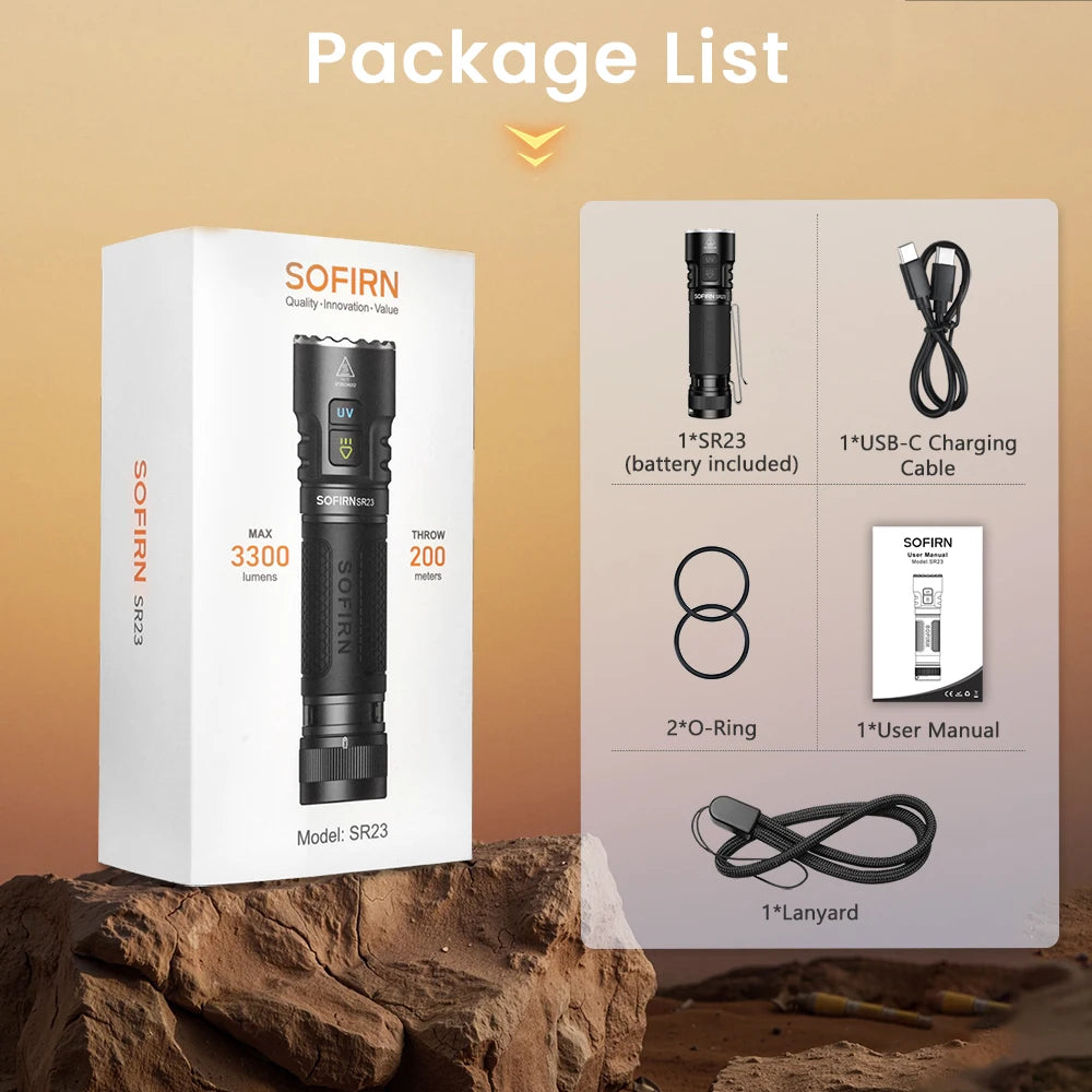 SOFIRN SR23 Flashlight EDC TN3535 3000LM 365nm UV SST08 USB-C 21700 Rechargeable Light With Dual Switch