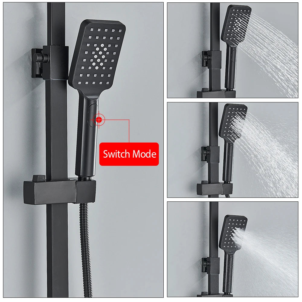 Rainfall Shower Faucet Set with Bathroom Shelf, Height-Adjustable Brass Bathtub Mixer
