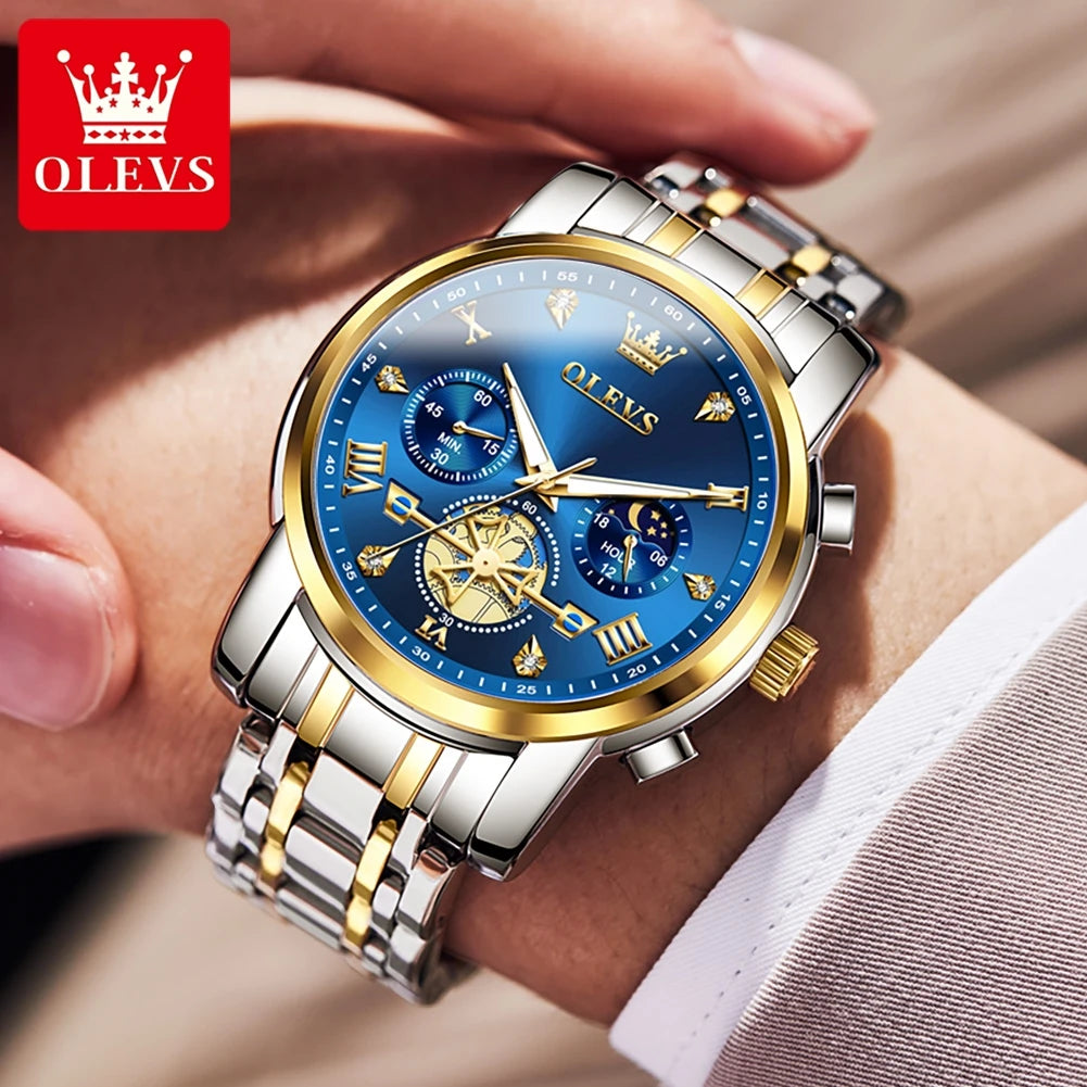 OLEVS Men's Skeleton Chronograph Watch with Moon Phase, Stainless Steel Quartz Wristwatch