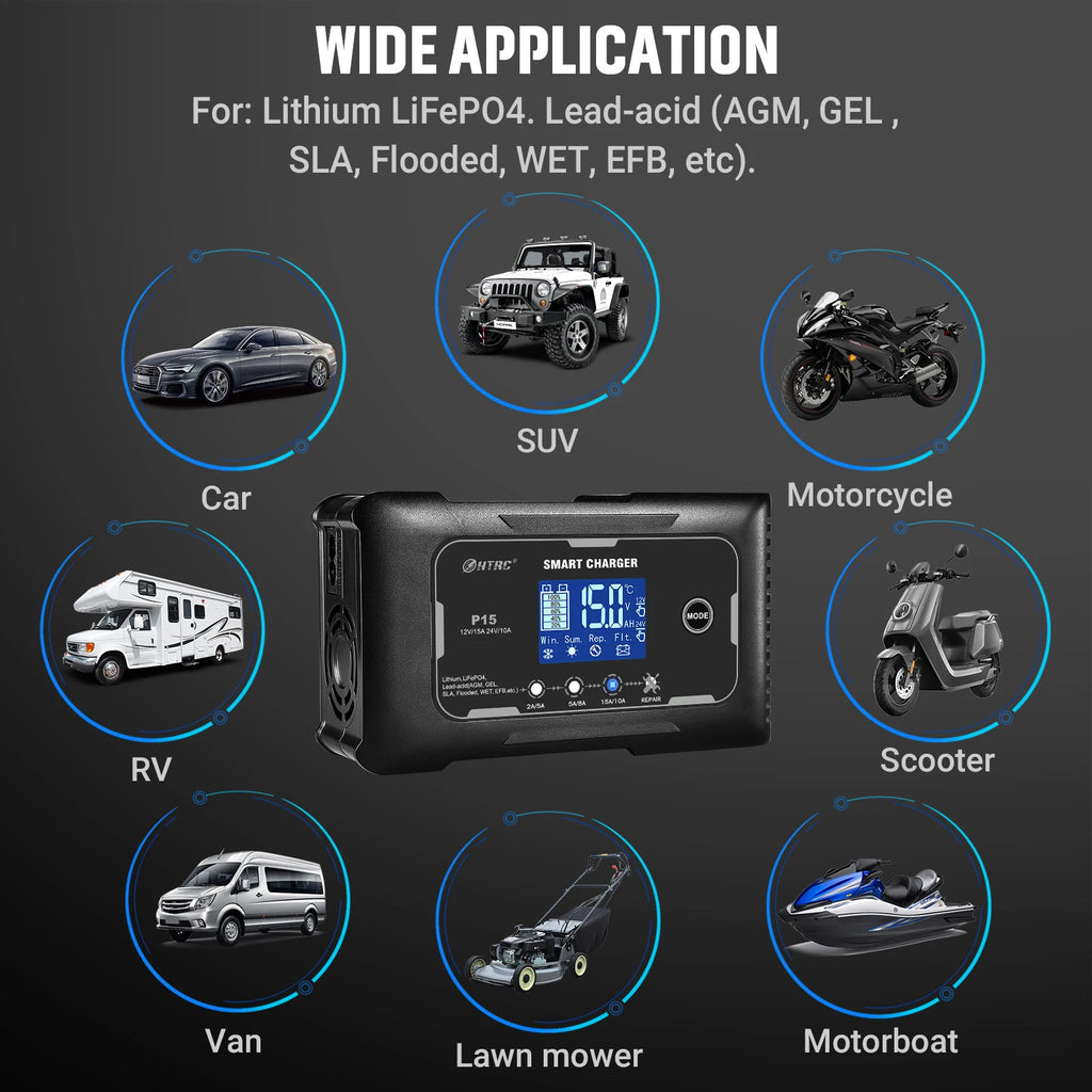 12V-24V 35A/25A/20A/15A/10A Car Battery Charger LCD Automatic Pulse Repair Charge for Lifepo4 AGM Lead-Acid Lithium Batteri