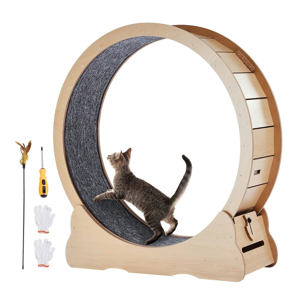SucceBuy Wooden Cat Exercise Wheel, Large Cat Treadmill with Detachable Carpet and Cat Teaser
