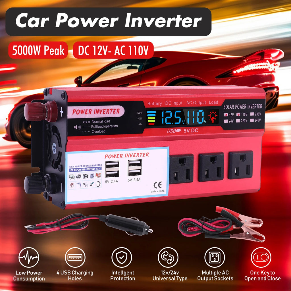 5000W Car Converter Power Inverter DC 12V To AC 110V Converter LCD 4 USB Ports and 110V AC Outlet Cigarette Lighter Battery