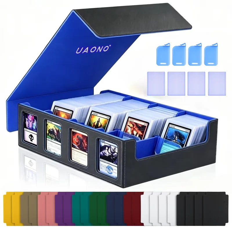 Trading Card Storage Box with Commander Display 4 Row Deck Case-Removable Lid,2400+ Card Deck Box for MTG TCG Sports Card with 4 Toploaders,4 Stoppers, 24 Dividers, 6 Dice,1 Dice Bag