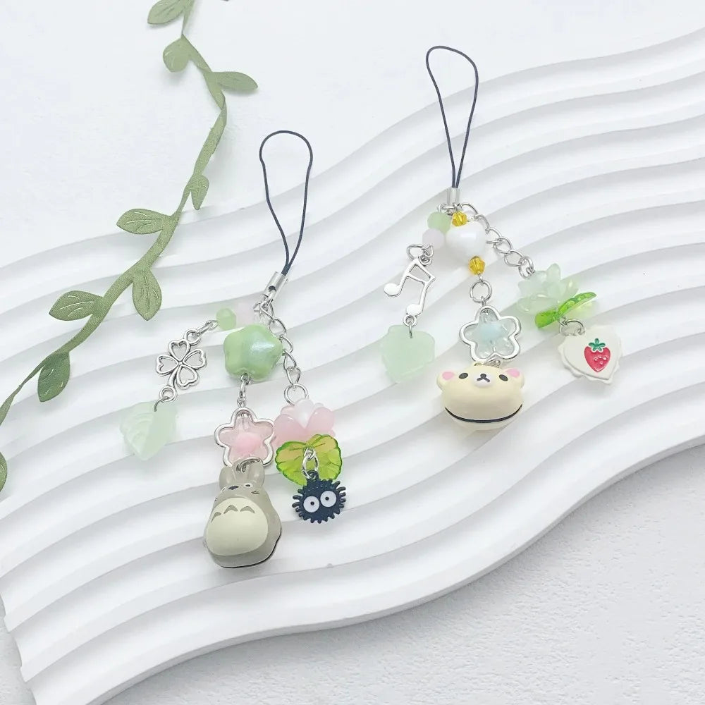Handmade Beaded Cat Phone Charm Chain, Four-Leaf Clover Y2K Keychain and Bag Charm