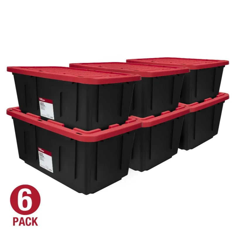 (6 pack/ 4pack) Large Storage Bin, 27 Gallon Plastic Storage Container with Snap-On Lid, Black and Red
