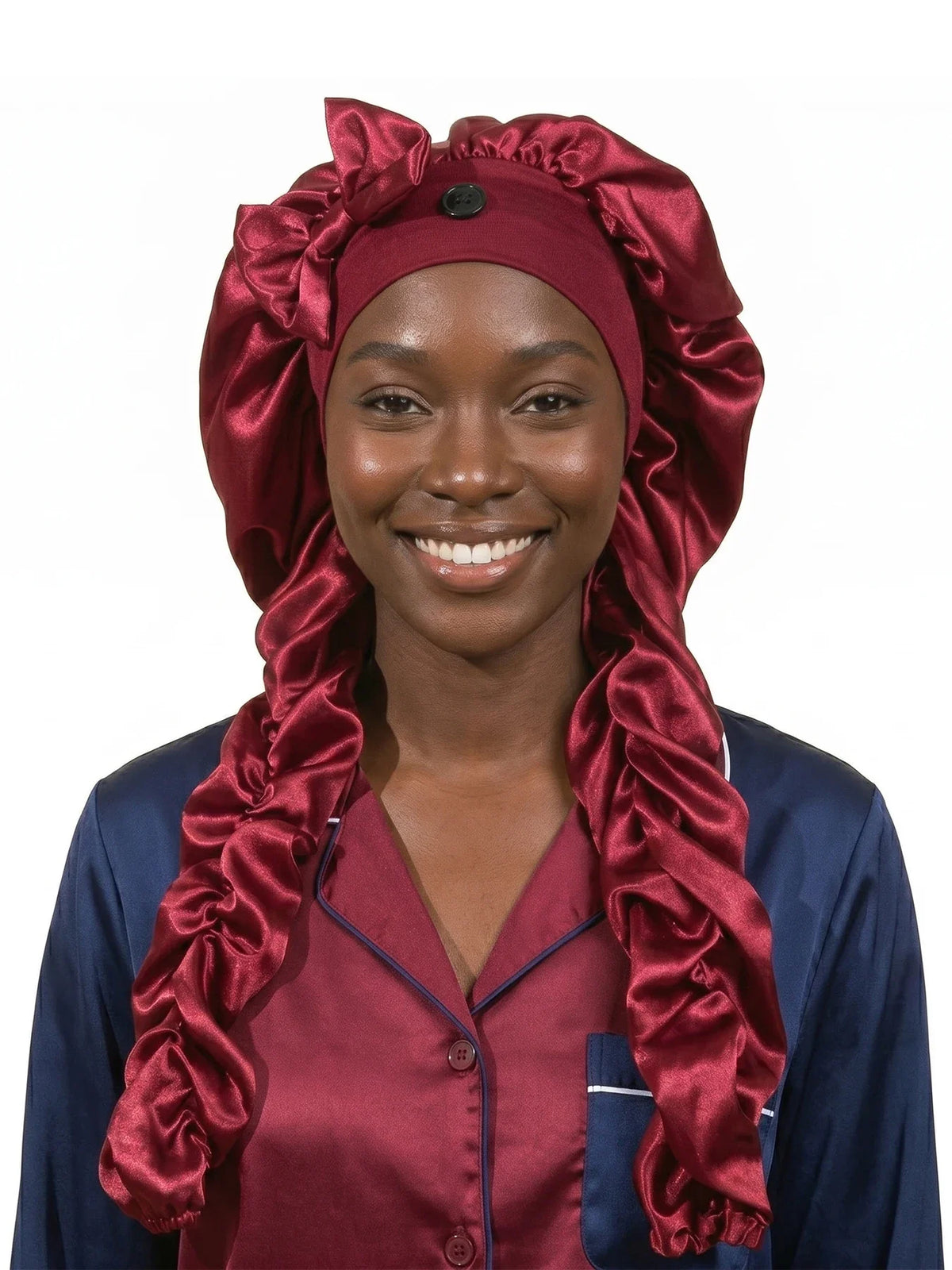 Heatless Curl Satin Sleep Bonnet with Curling Ribbons, No-Slip Bonnet for Long Hair