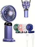 1pc Mini Handheld Electric Fan, USB Rechargeable Portable Fan, 5 Wind Speeds, Digital Display, Neck Strap, Foldable Desk Fan With Stand, Suitable For Office, Dorm, Outdoor, Travel, 800mAh