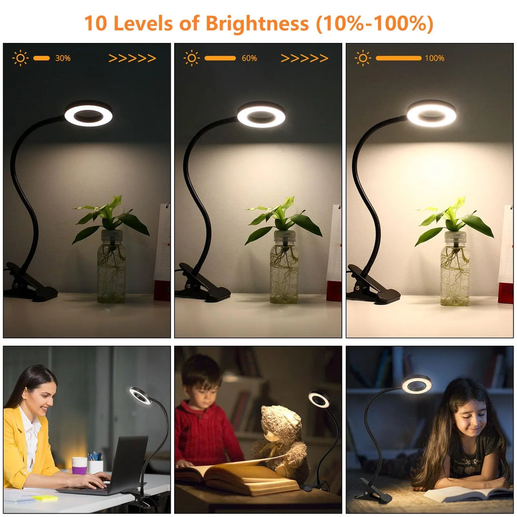 LED Clip-On Magnifying Desk Lamp 5X, USB Dimmable Gooseneck Magnifier Light with 3 Colors