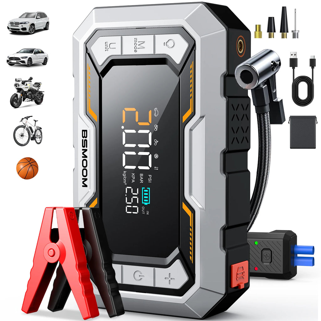 Portable Car Jump Starter with 150PSI Air Compressor, Power Bank and Emergency Battery Booster
