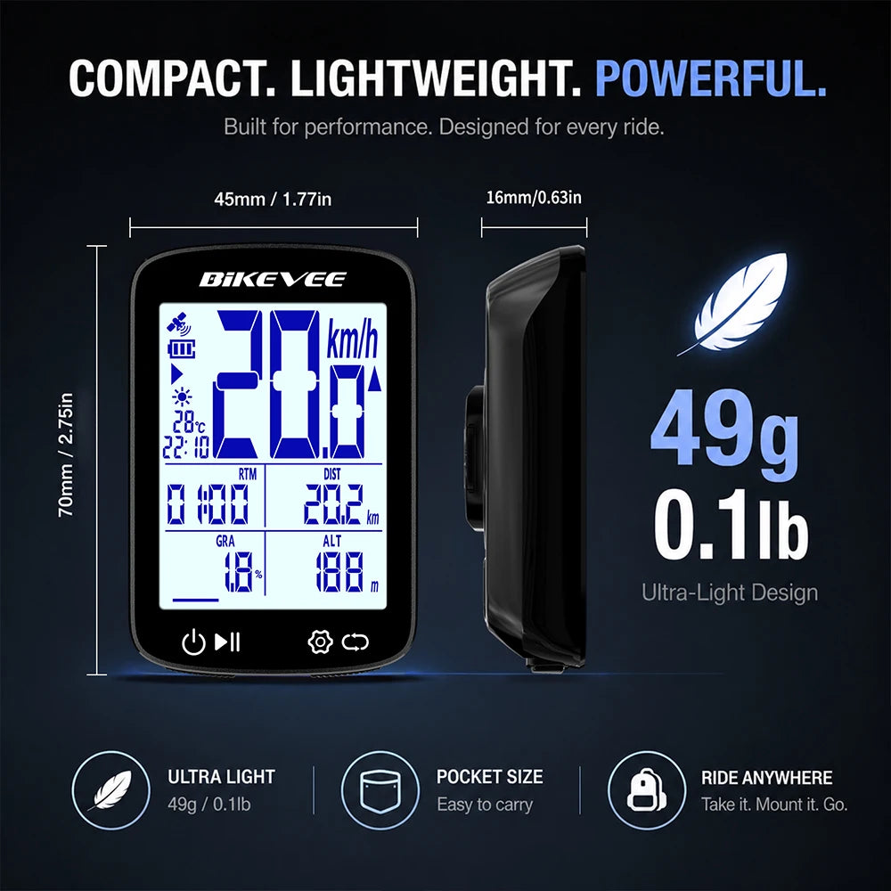 Bikevee 2.4-inch Professional Wireless Bluetooth Bicycle Computer MPH KM/H USB Rechargeable Multifunctional GPS Bike Speedometer Odometer with Auto Start/Stop Backlight Outdoor Riding Accessories Connect BIKEVEE APP