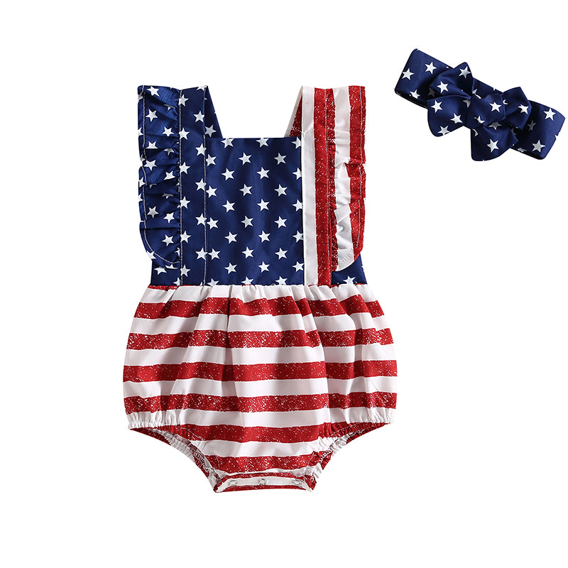 Infant Baby Girl Patriotic Ruffle Bodysuit and Headband Set, Sleeveless Summer Outfit