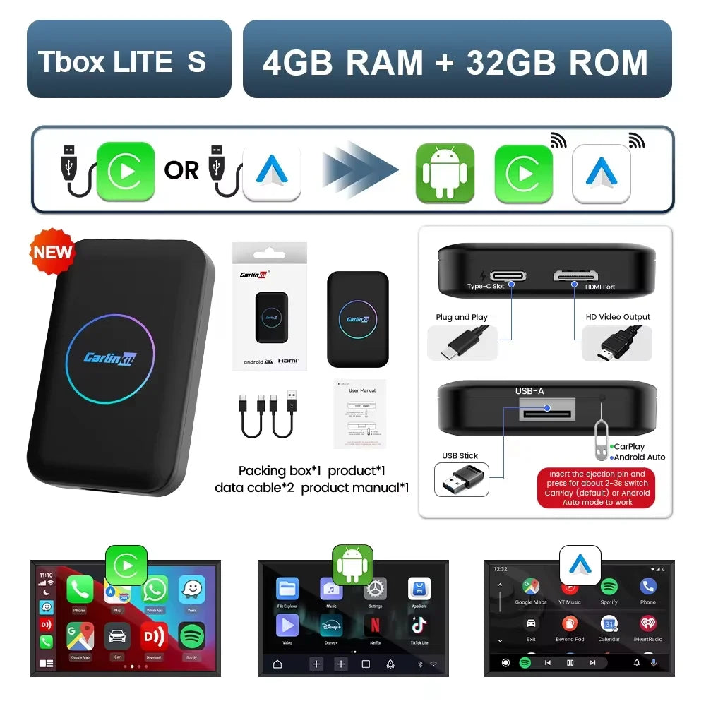2026 CarlinKit Android TV Box LITE CarPlay Android Auto Wireless USB Adatper Support Netfilx Youtube Spotify For Car Multimedia