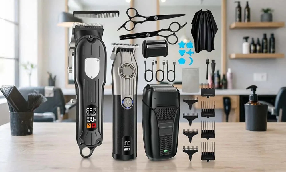Professional Hair Clipper Set for Men, Cordless Haircut Kit with LED Display, 3-in-1/2-in-1/1pc Rechargeable Hair Clipper & T-Blade Trimmer & Electric Shaver, Barber Zero-Gapped Detailer, DIY Grooming Tools with Scissors, Com