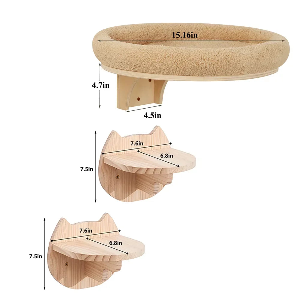 Wall-Mounted Wooden Cat Climbing Ladder with Hammock and Scratching Post
