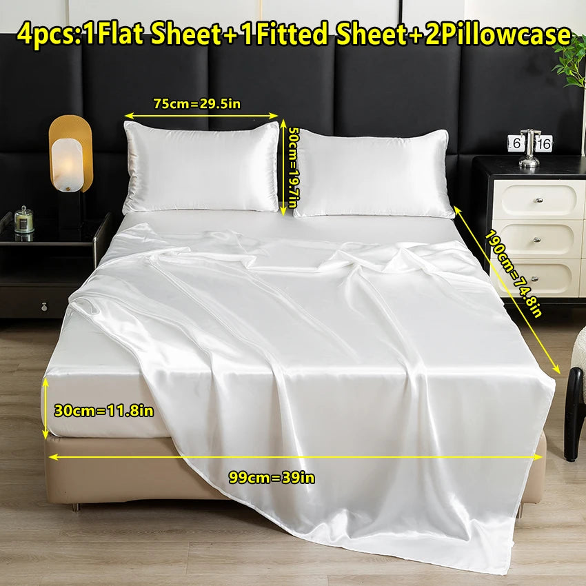 【Mother's Day Gift】4-Piece Set of Solid Color Satin Bed Sheet Set (1 Flat Sheet + 1 Fitted Sheet + 2 Pillowcases), Luxurious and Soft, with a Natural Luster, Skin-Friendly and Breathable Bedding