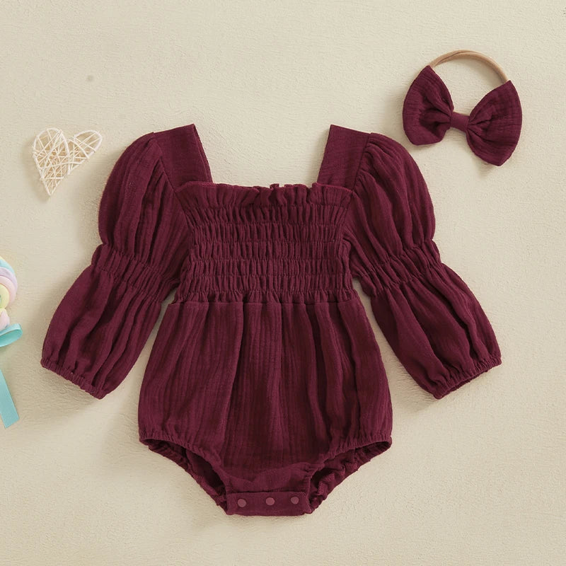 Baby Girls Spring Romper Long Sleeve Square Neck Solid Color Romper with Headband