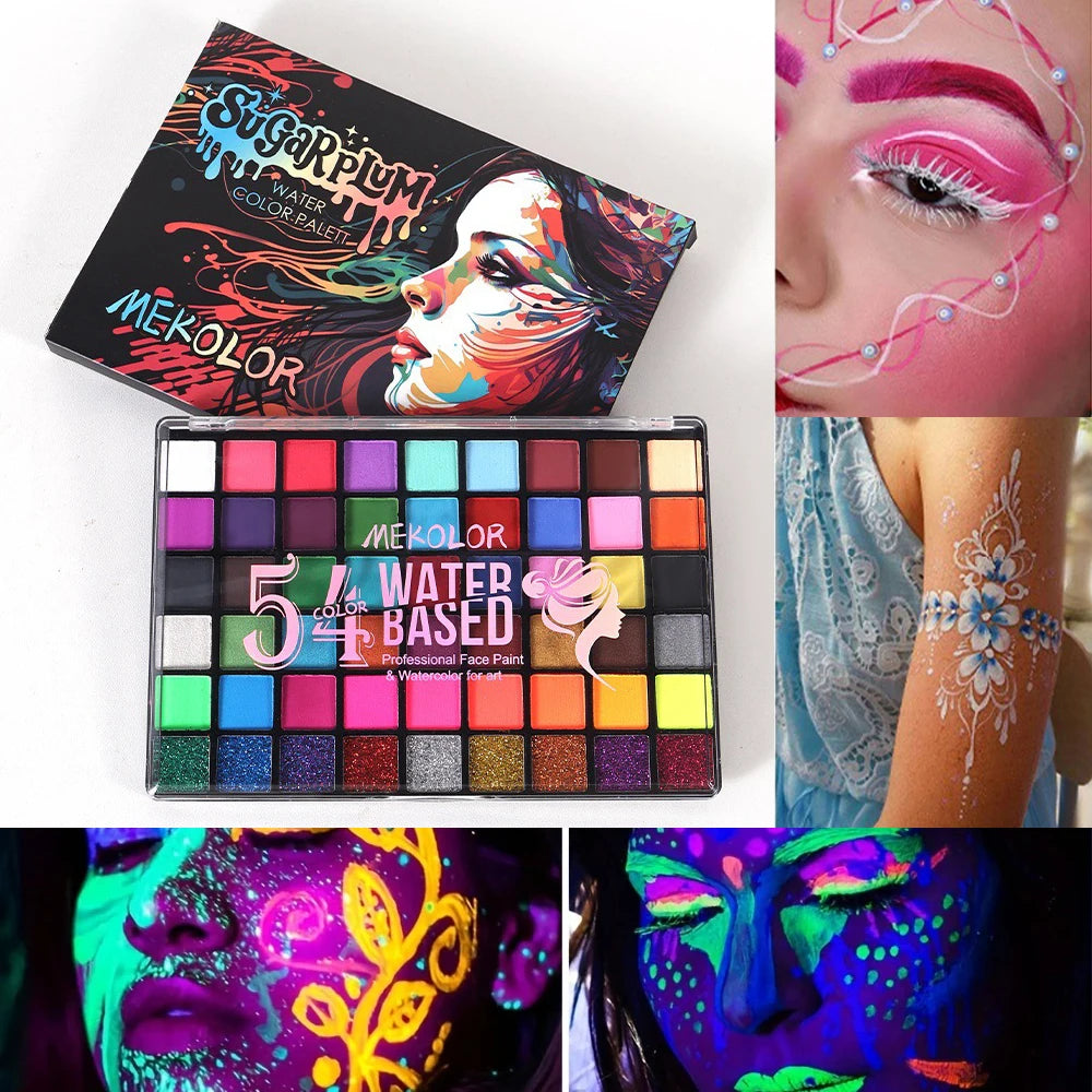 54-Color Glow Fluorescent Neon Water-Soluble Face Body Paint Set for Children and Adults,Perfect for Halloween and Christmas