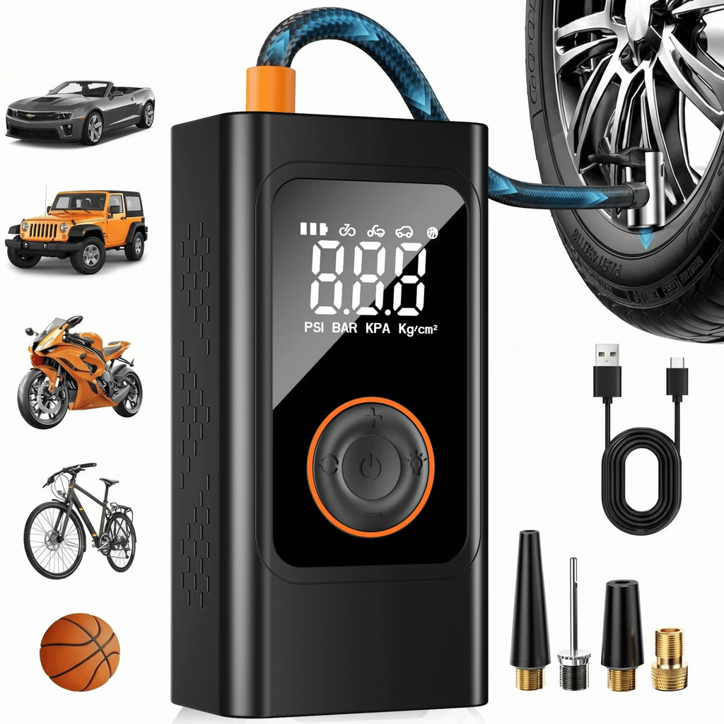 Portable Cordless Tire Inflator 150 PSI, Rechargeable Air Compressor with Digital Pressure Gauge, Fast Electric Air Pump for Car, Motorcycle, Bike and Emergency Roadside Inflation