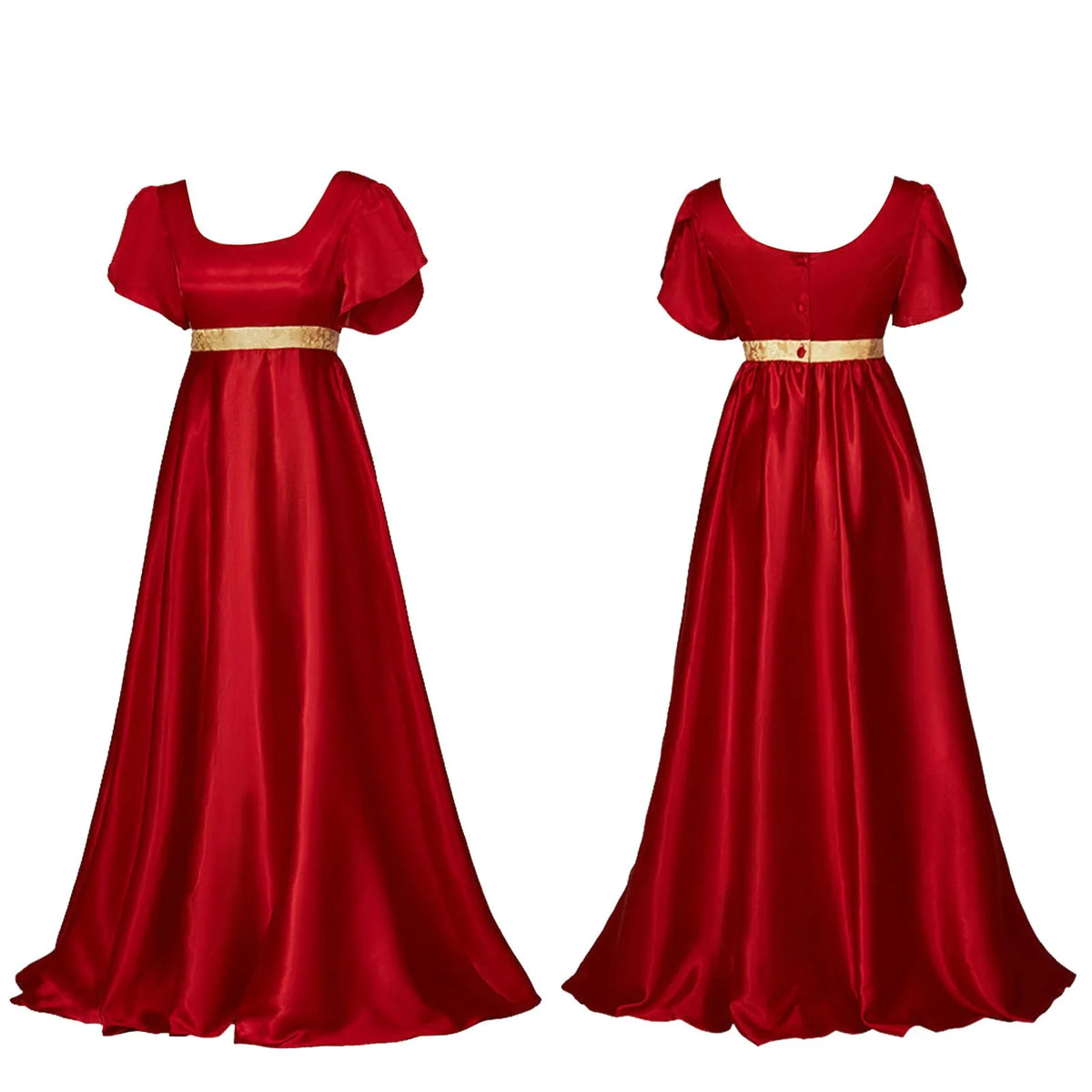 Medieval Vintage Satin Dress, Short Sleeve High Waist Empire Gown for Renaissance and Halloween Costumes
