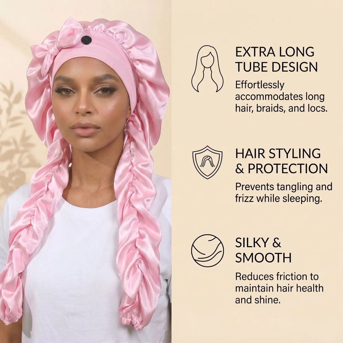 Heatless Curl Satin Sleep Bonnet with Curling Ribbons, No-Slip Bonnet for Long Hair