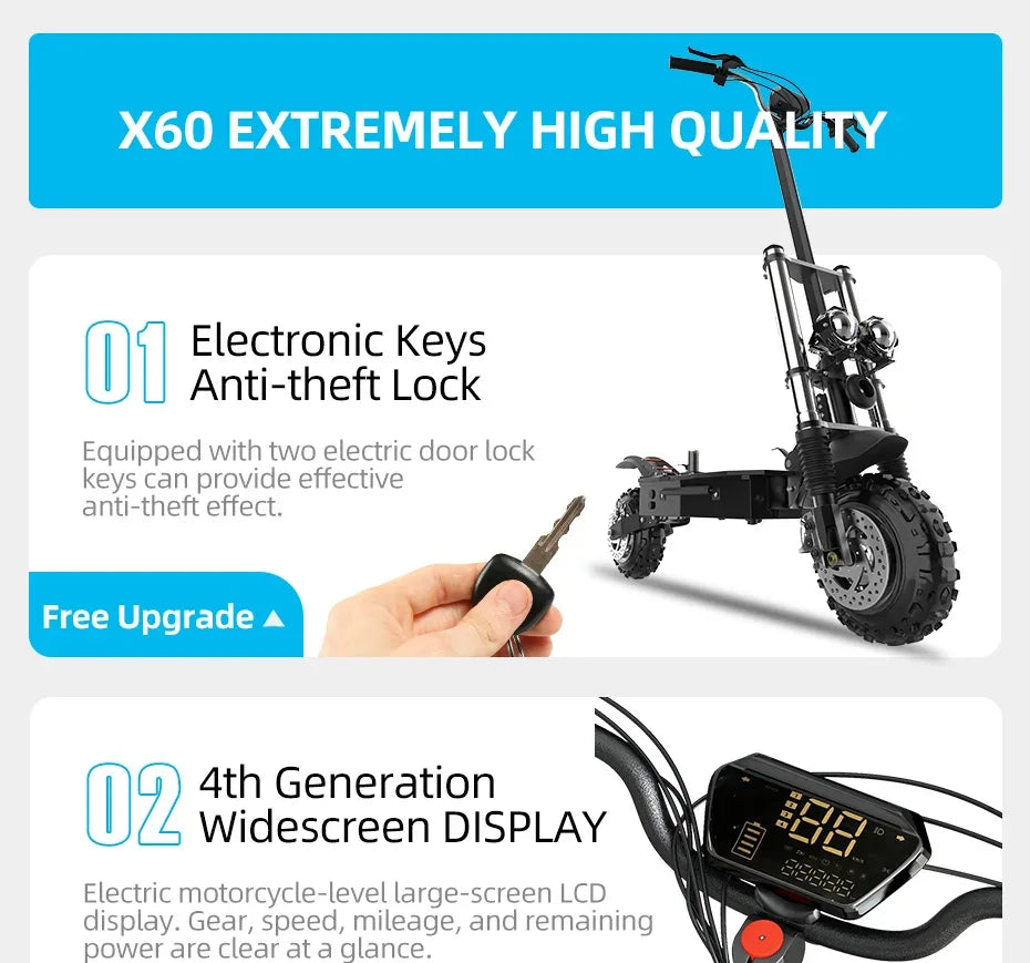 60-85KM/H Fast Electric Scooter for Adults, 1200W-6000W High Power E Scooter Single/Dual Motor, 48V 52V 60V 72V Long Range 40-100KM, 10Ah-30Ah Battery, 11 Inch Off Road Fat Tire All Terrain Electric Scooter with Dual Suspensi