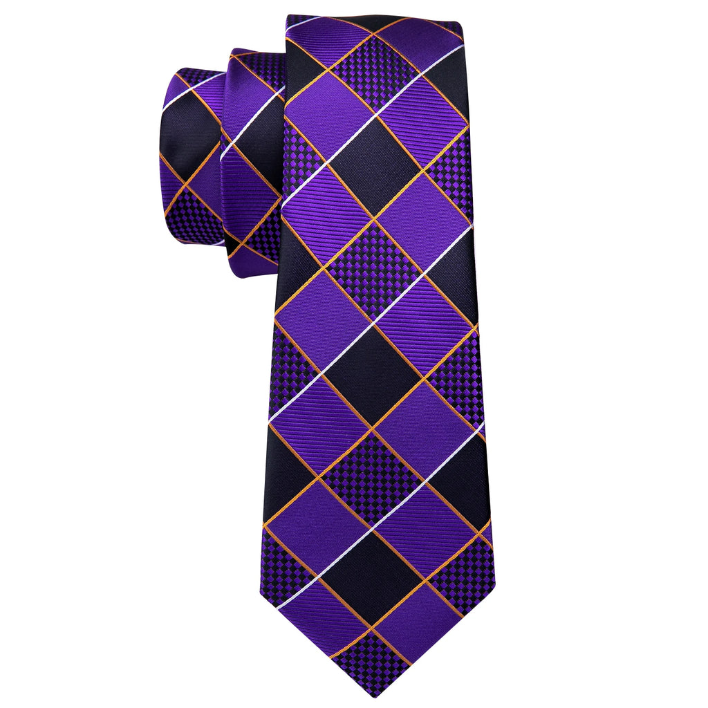 Designer Mens Tie Jacquard Necktie Pocket Square Cufflinks Set Purple Black Plaid for Male Men Wedding Busniess Party Ties Gift