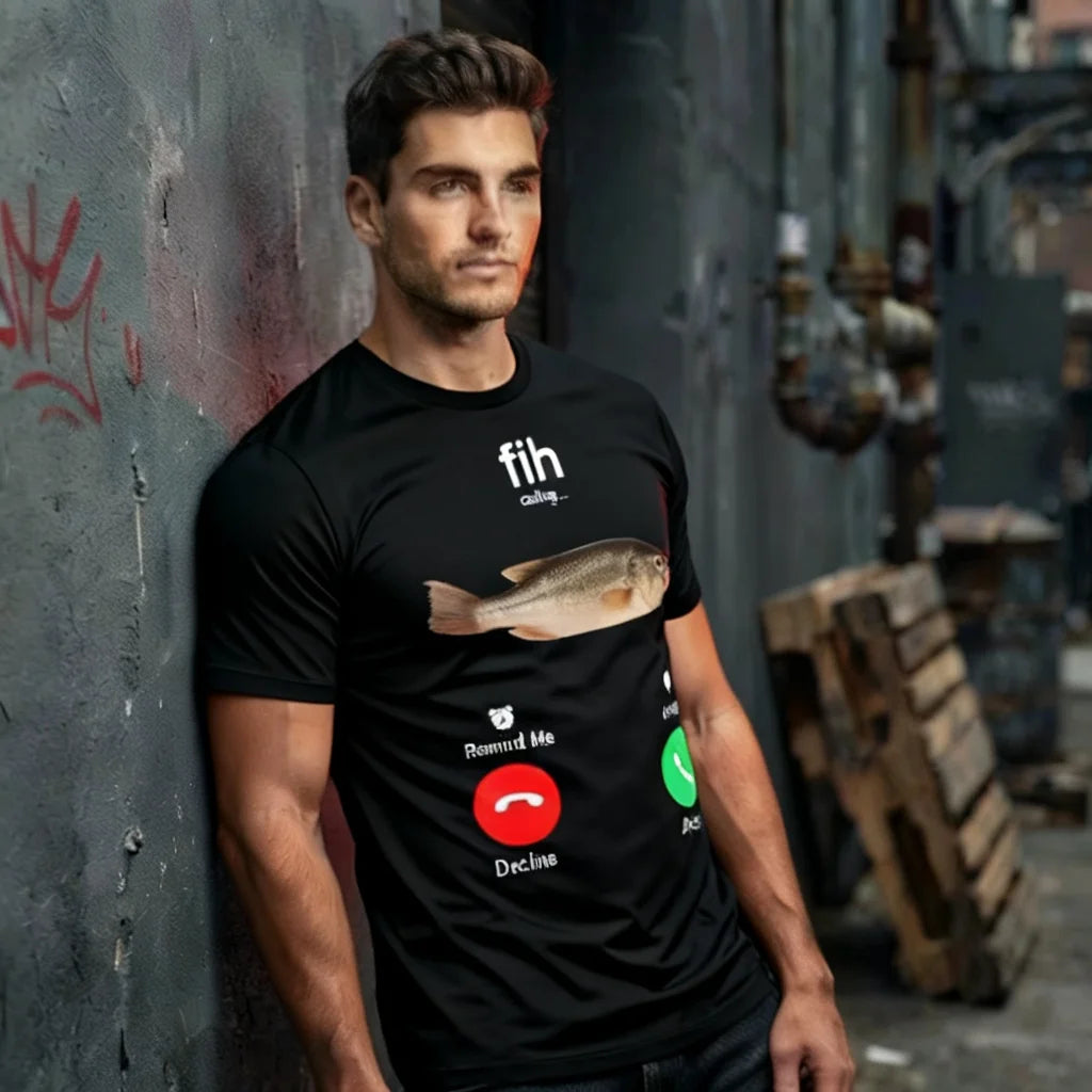 "Fish Calling" Funny Fishing T-Shirt, Men's 100% Cotton Casual Graphic Tee