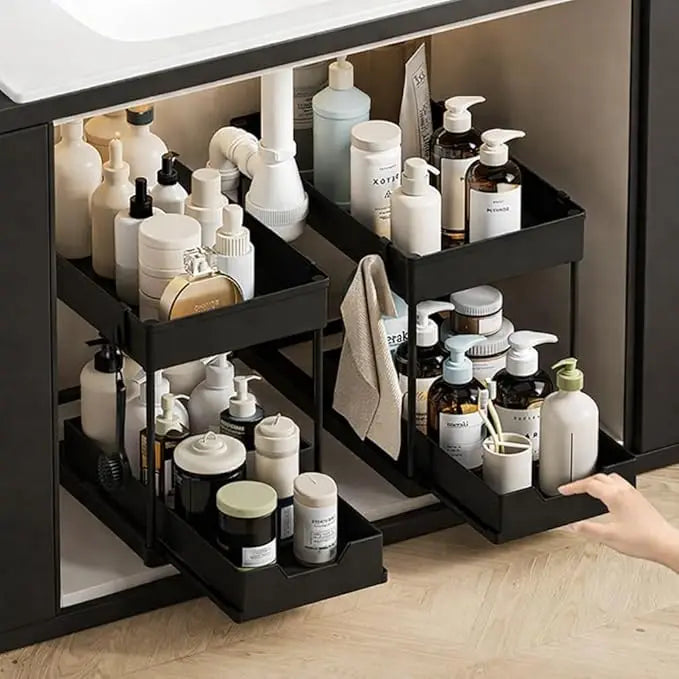 2 Tier Sliding Under Sink Organizer with 5 Side Hooks and 3 Detachable Hanging Baskets,Pull Out Rustproof Metal Storage Rack,Tool Free Assembly