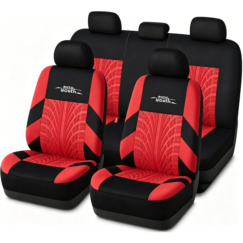 AUTOYOUTH Embroidered Car Seat Covers Full Set, Universal Fit with Tire Track Detail