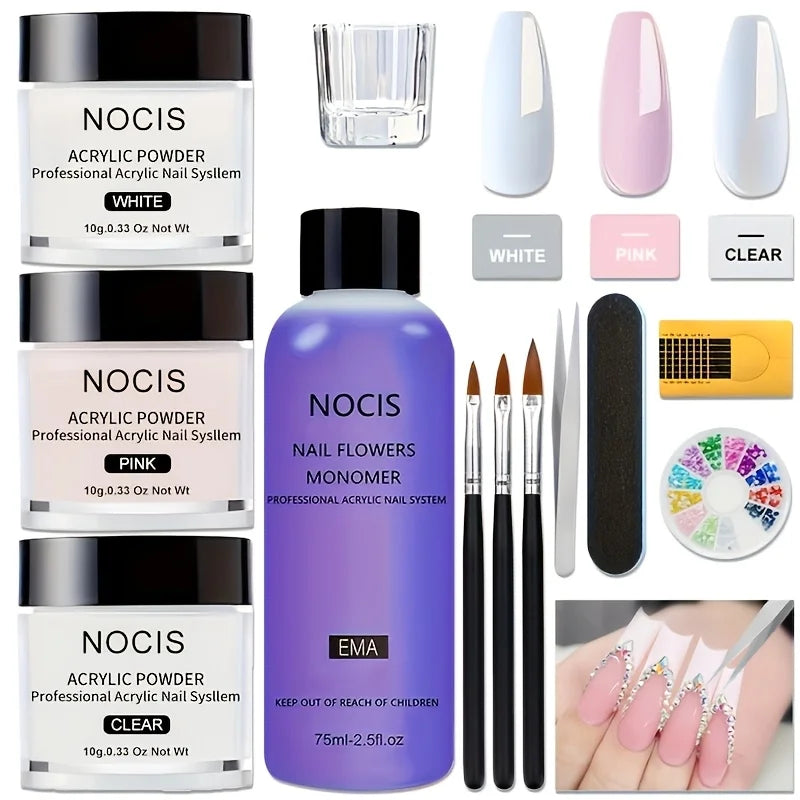 NOCIS Professional Acrylic Nail Kit with Clear, White and Pink Powder, Liquid and Tools
